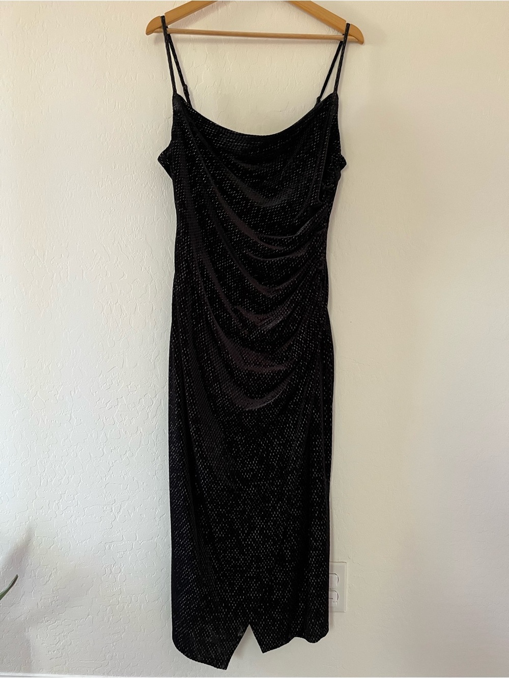 Laundry By Shelli Segal Black Velvet Sparkle Cowl Neck Slip Dress Ruched Size 14